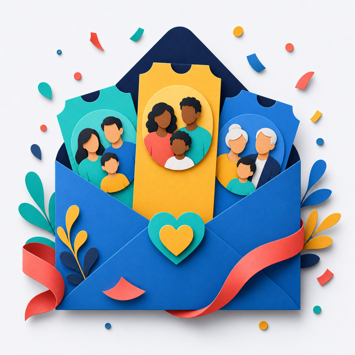Familias recibiendo invitaciones personalizadas