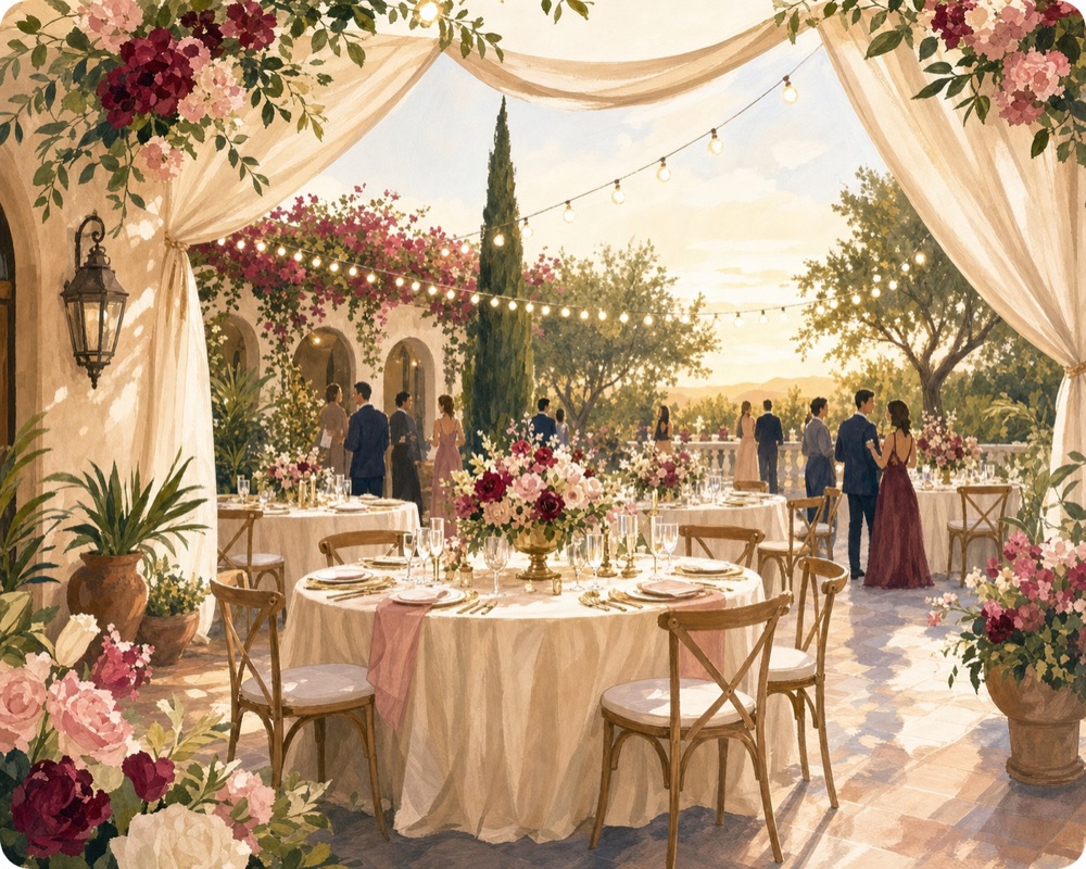 Ilustración luminosa de una recepción en jardín
