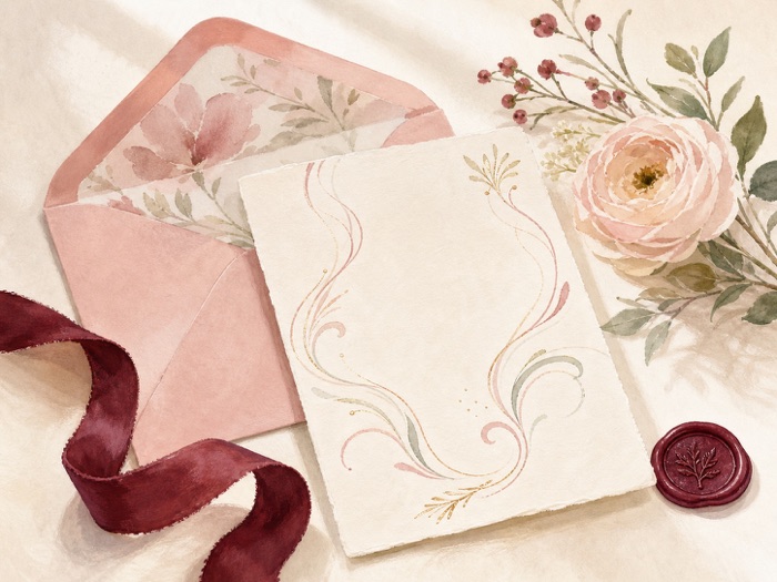 Ilustración de un sobre, papelería floral y sello de cera