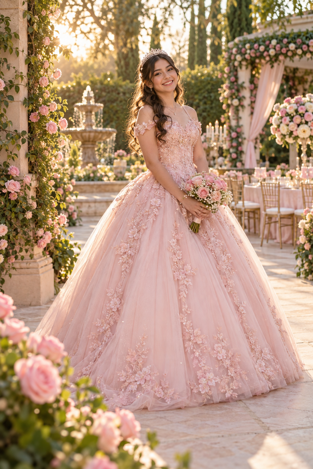 Quinceañera con vestido rosa en un jardín