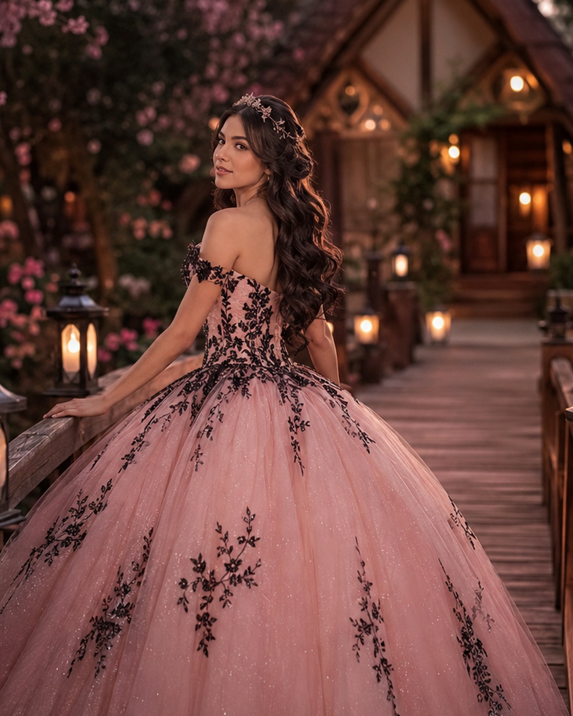Detalle de quinceañera con estética rosa, negro y luces cálidas