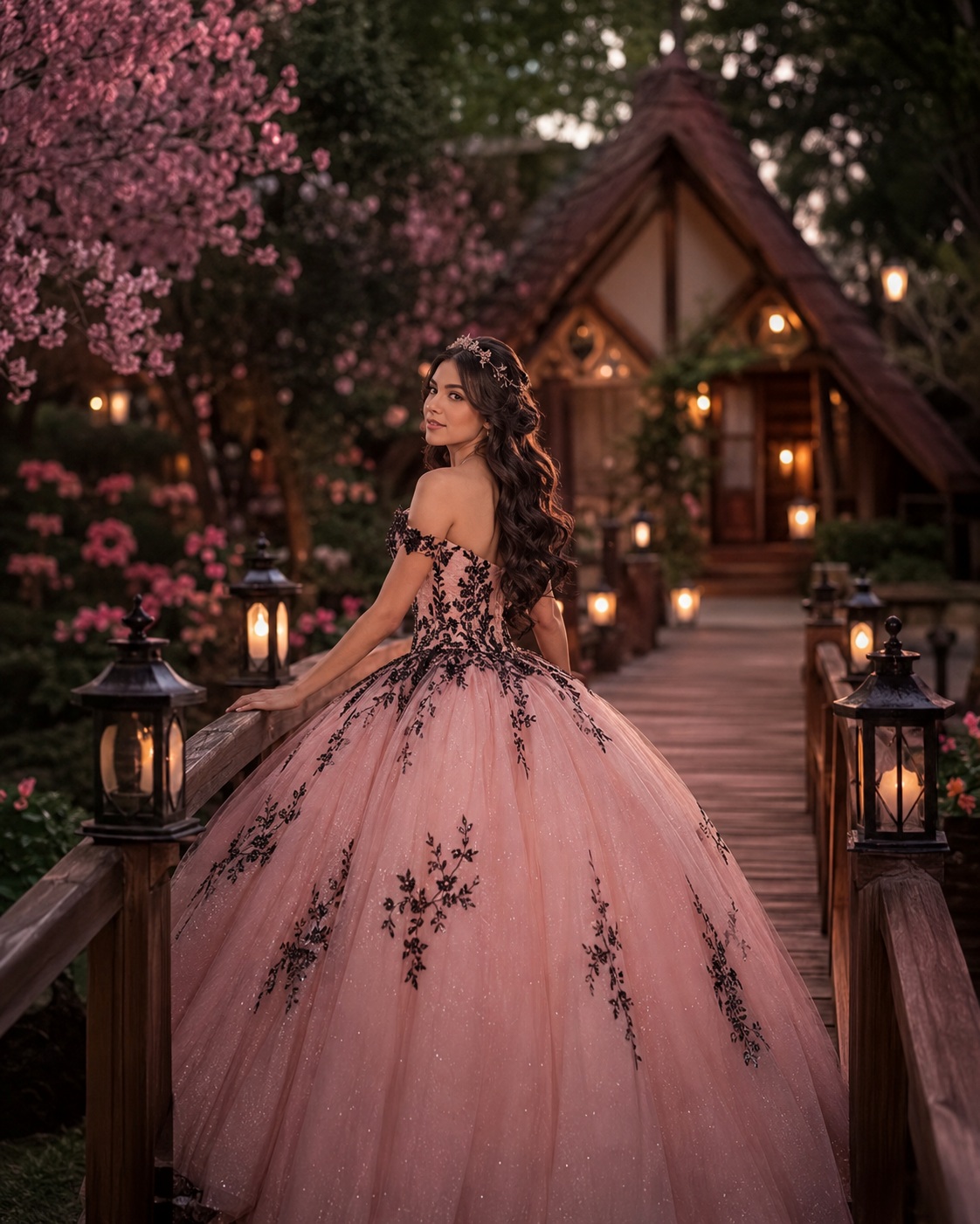Quinceañera en vestido rosa con detalles negros sobre puente de madera y cabaña iluminada